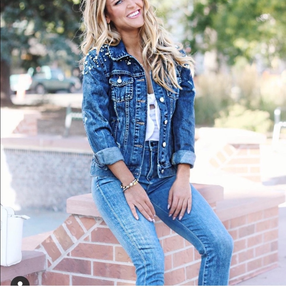 Pilcro & The Letterpress Anthropologie Pearl Denim Embellished Jean Jacket XS - Picture 2 of 9